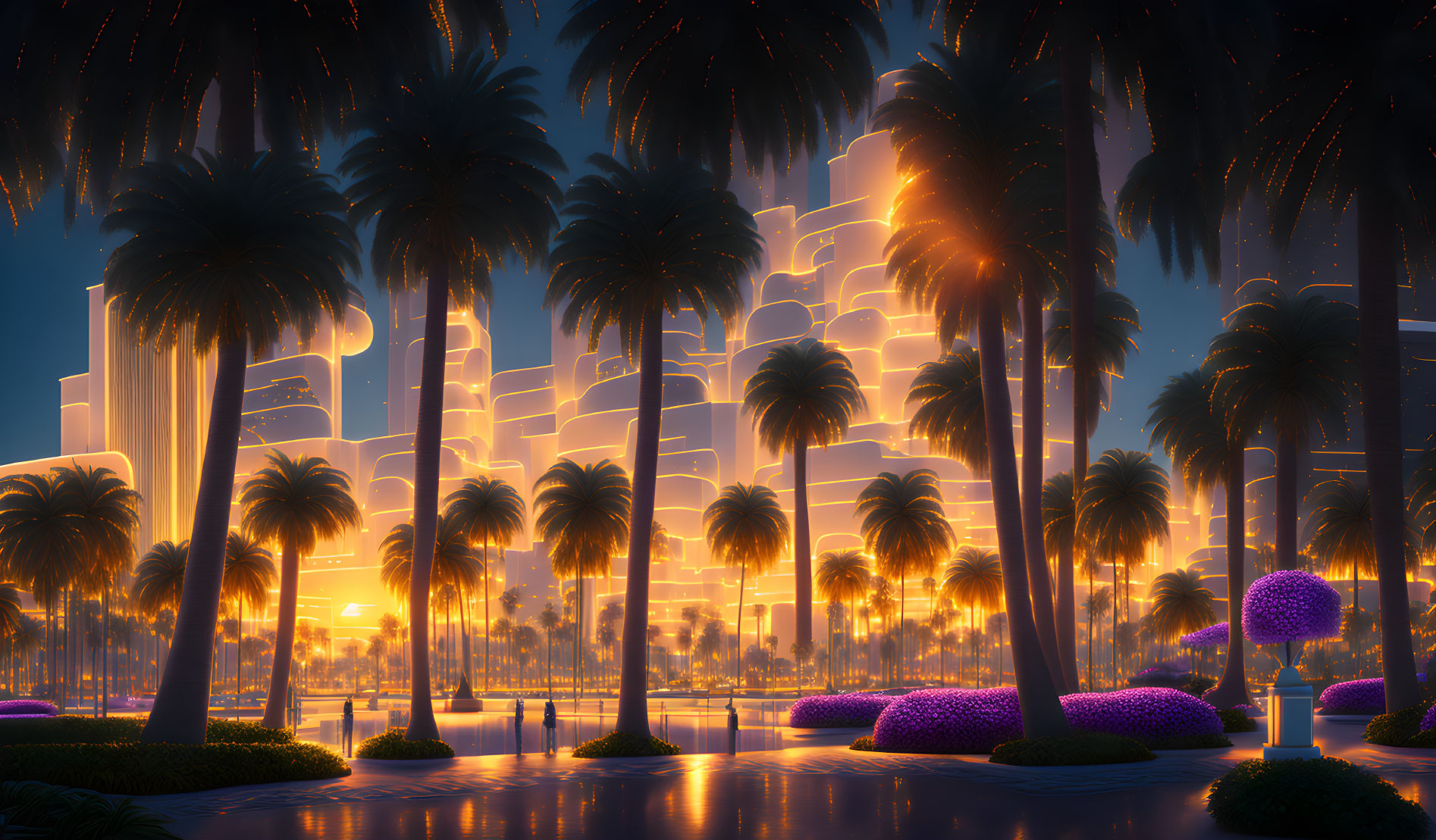 Futuristic cityscape at sunset with glowing buildings and palm trees