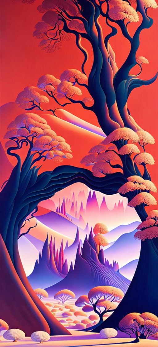 Colorful fantasy landscape with vibrant trees and pointed mountains under orange sky