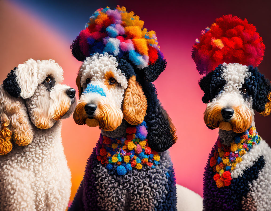 Colorful Styled Poodles with Pom-Poms on Gradient Background