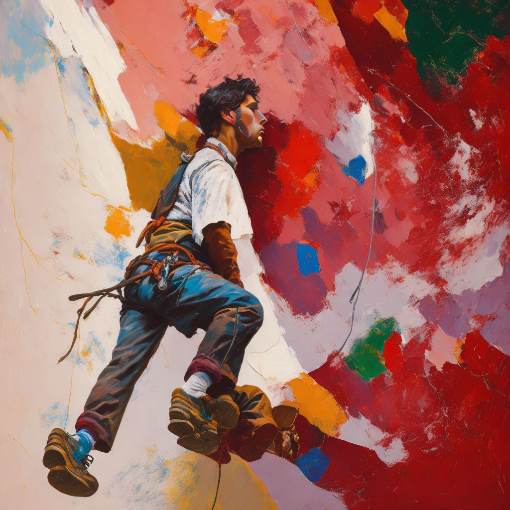 Climber on Vibrant Abstract Mural Wall with Gear