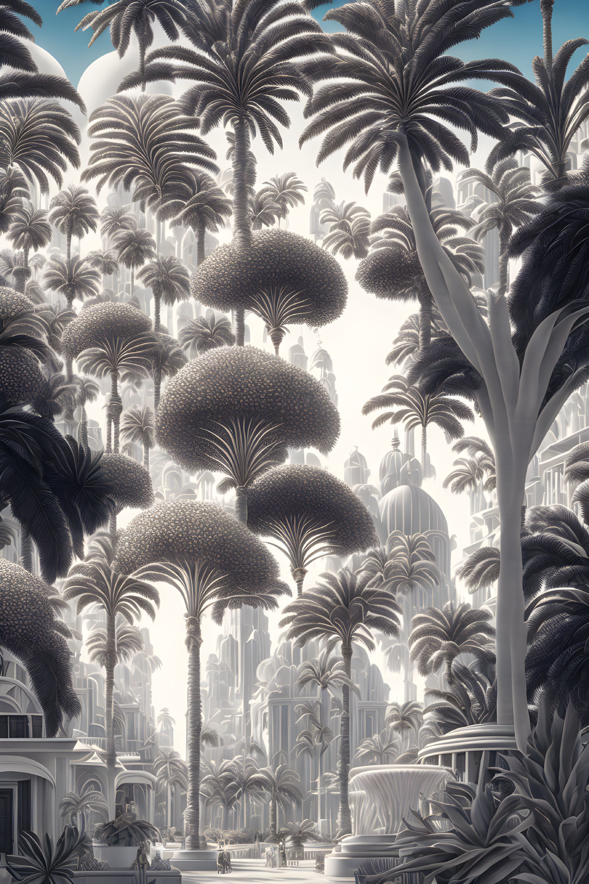 Futuristic cityscape with towering buildings and oversized palm-like trees