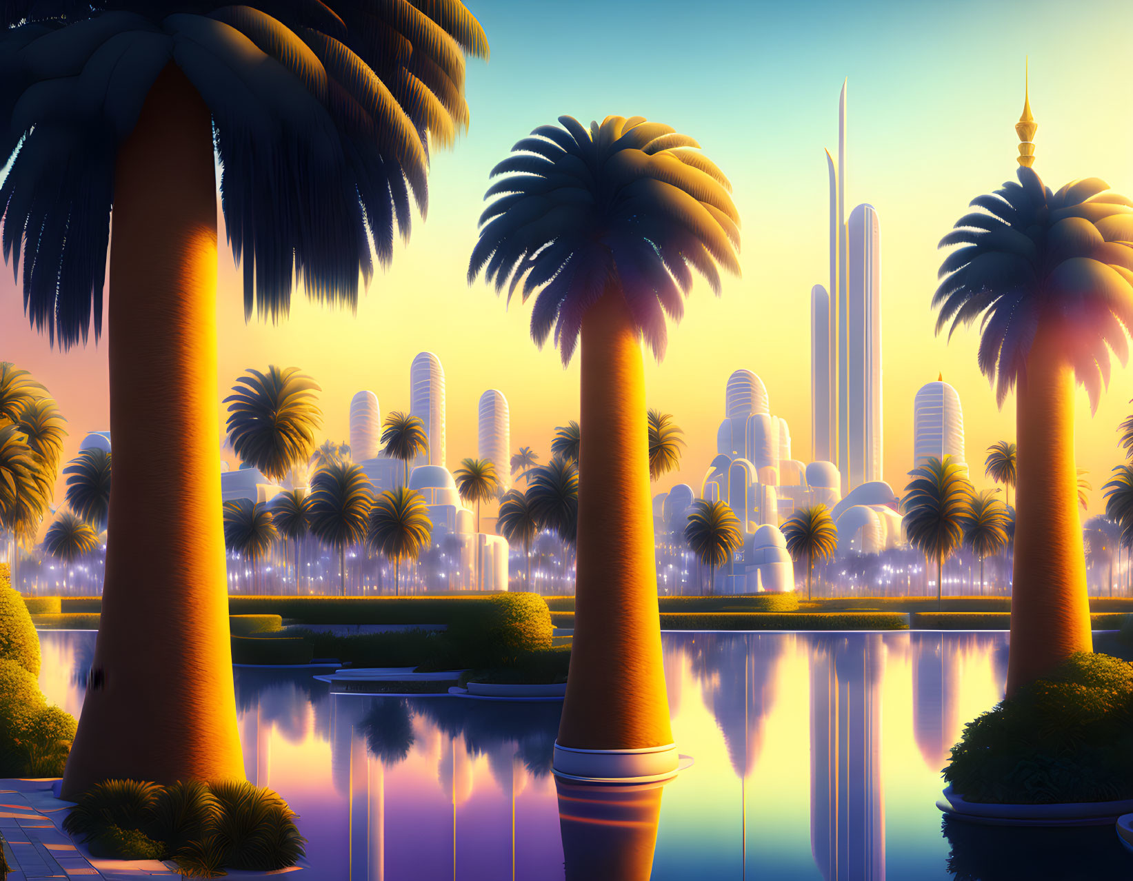 Futuristic cityscape digital artwork at sunset