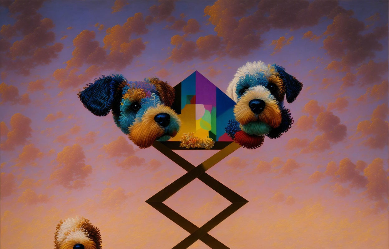 Surreal artwork: Colorful dog faces, crystal, clouds in twilight sky