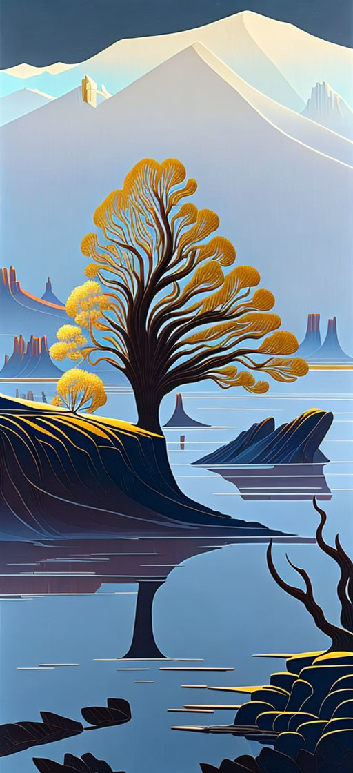 Vibrant yellow tree by calm blue lake with mountains and boat