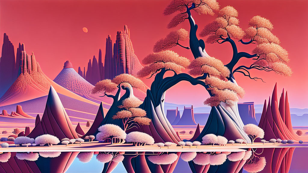 Vibrant pink and orange surreal landscape with stylized trees and reflective water.