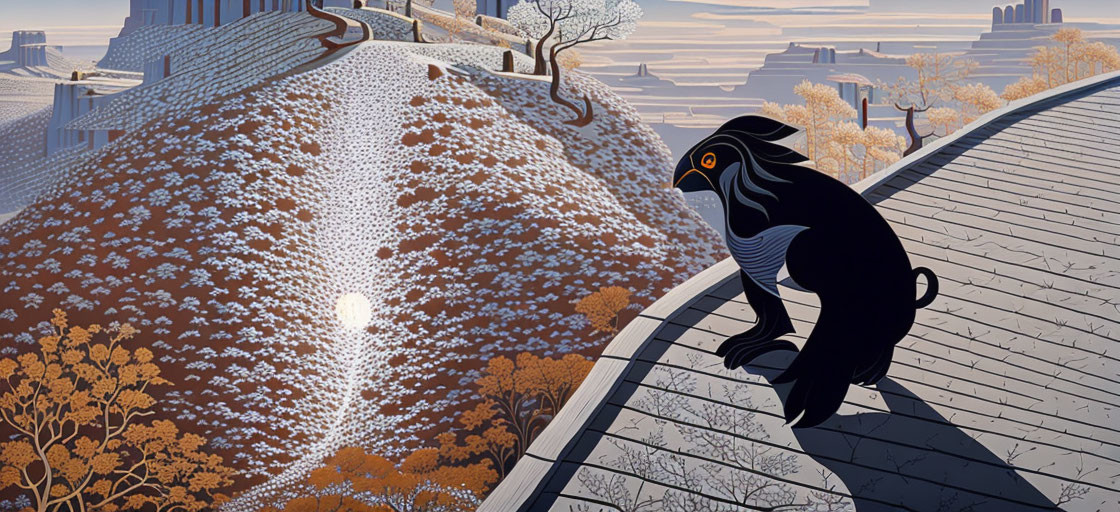 Stylized illustration: Large bird on snowy rooftop in wintry landscape