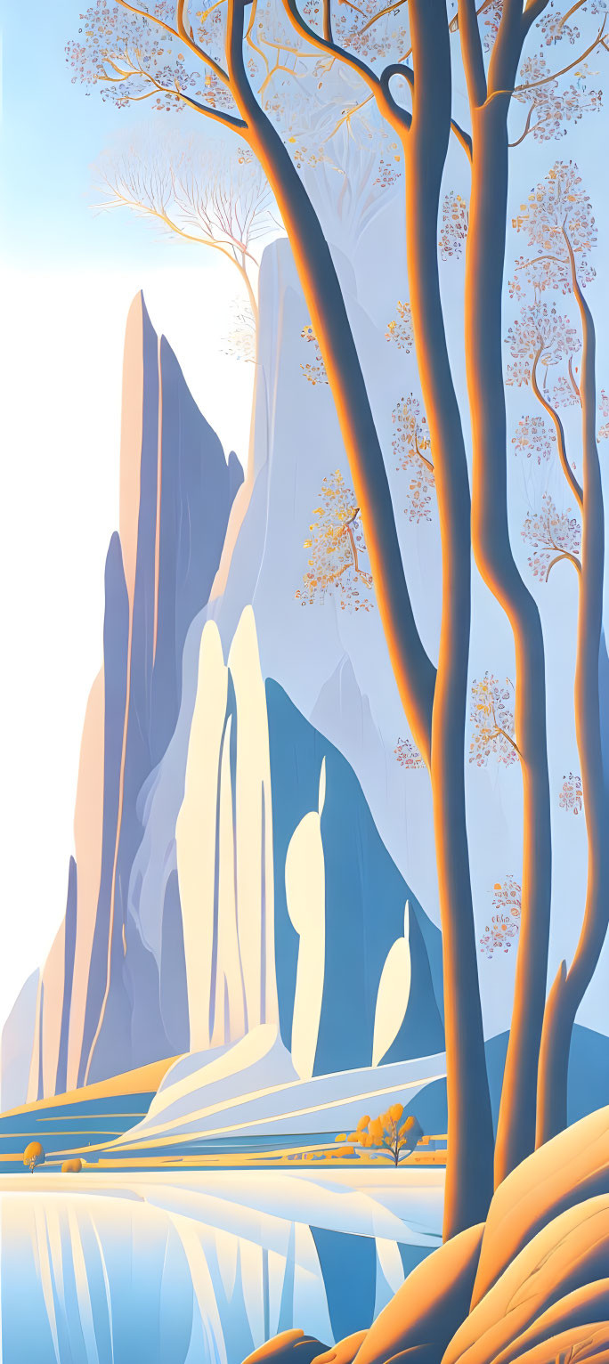 Stylized illustration of tall mountain peaks with bare trees and a river in soft pastel colors