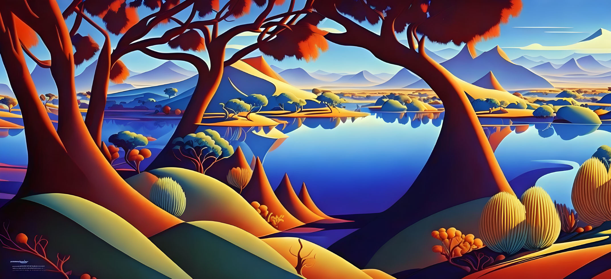 Colorful landscape with trees, lake, hills, and mountains under bright sky