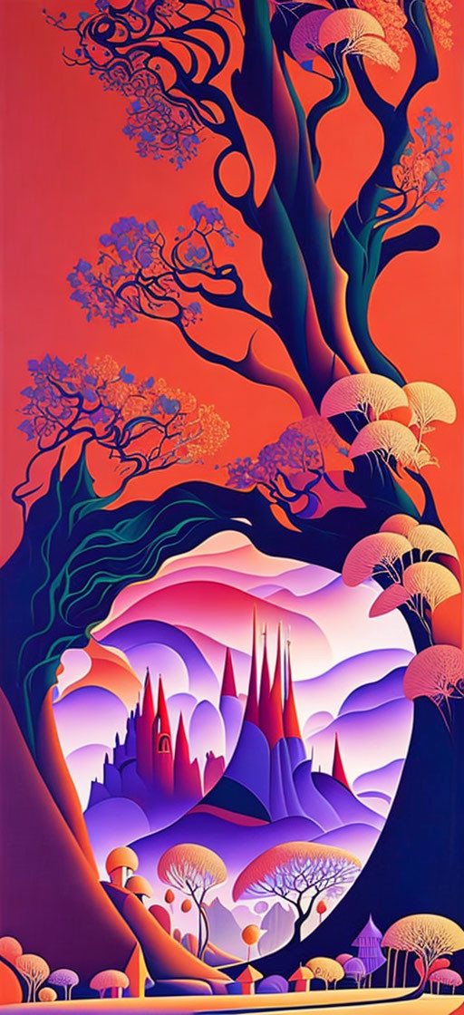 Colorful stylized artwork of vibrant landscape with tree, mountains, castle, and whimsical flora on