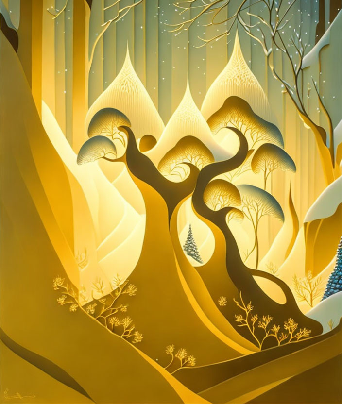 Golden forest painting with whimsical trees and serene atmosphere