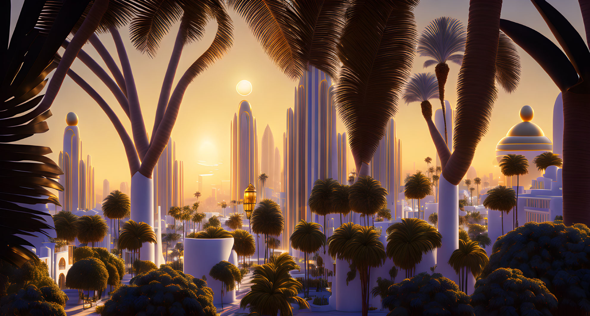 Futuristic cityscape at sunset with skyscrapers and palm trees