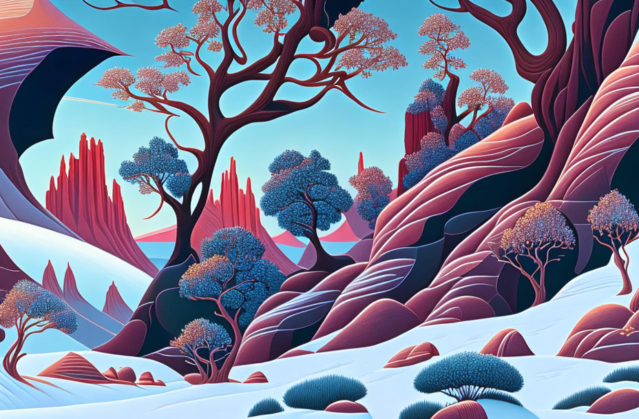 Colorful landscape with pink hills, blue trees, and red rocks