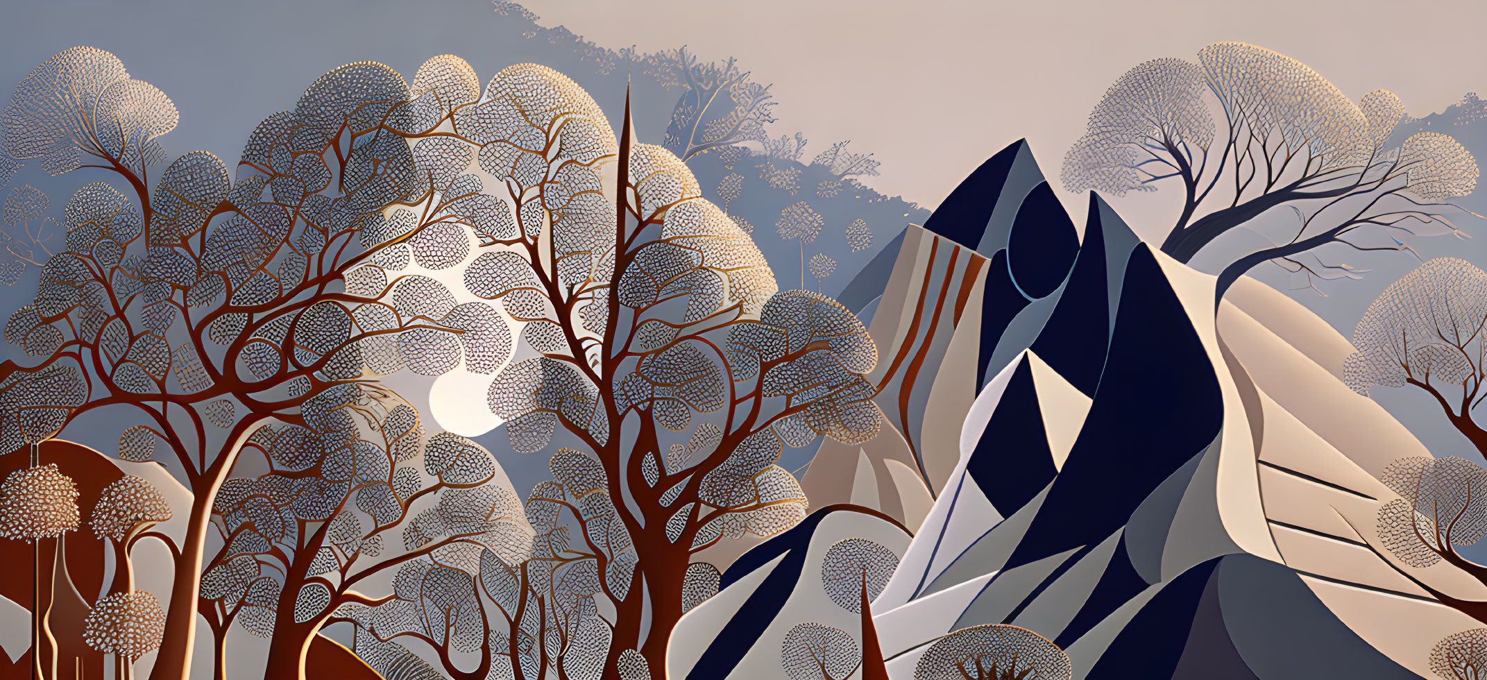 Stylized forest illustration with white trees, blue mountains, and gradient sky