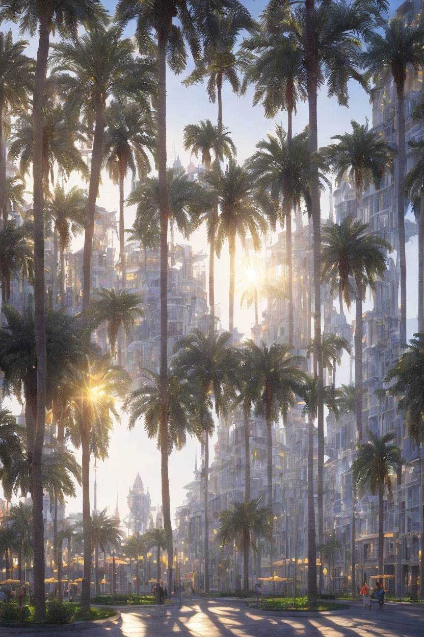 Serene Path with Palm Trees and Futuristic Buildings