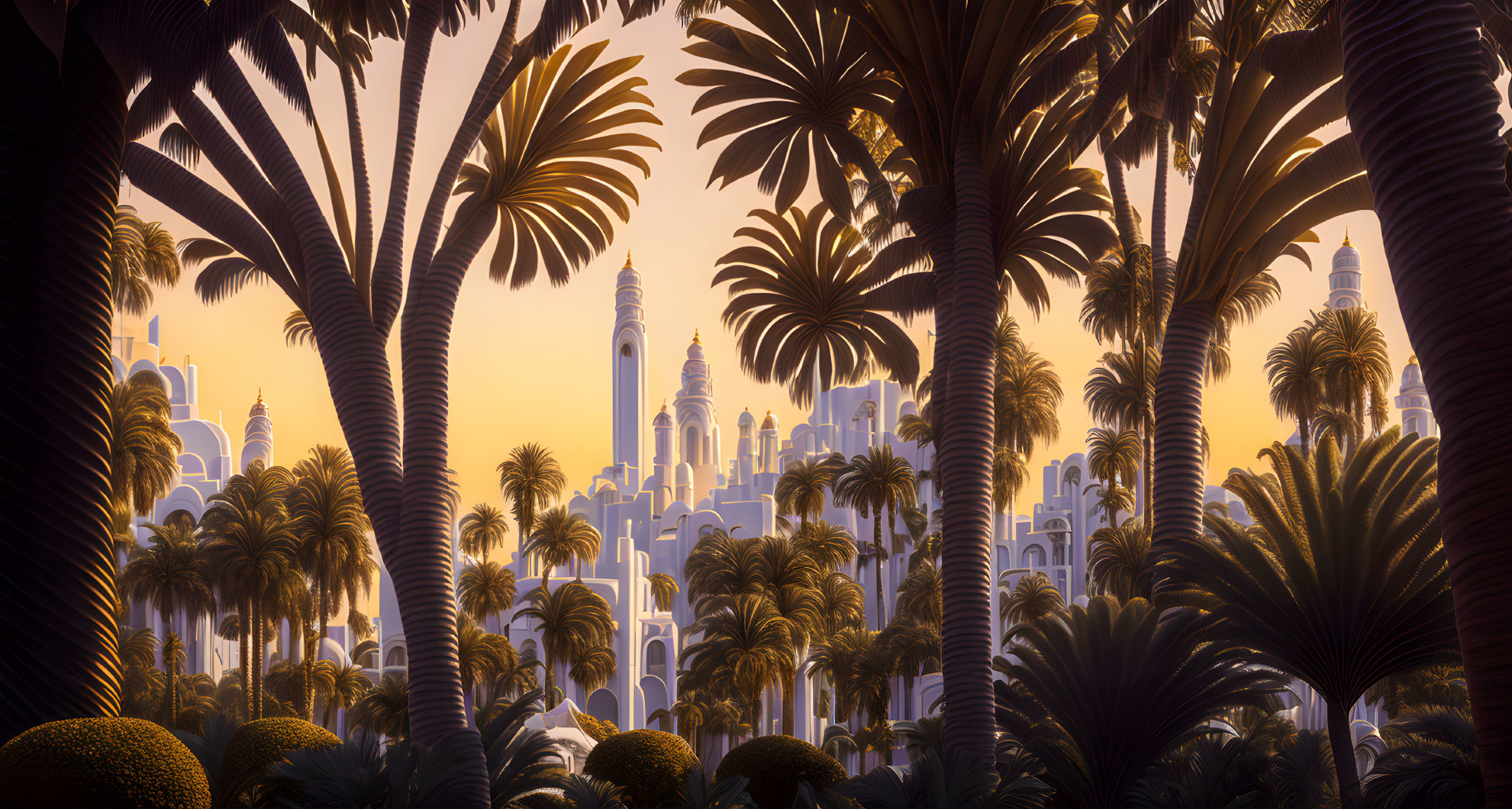 City skyline sunset with palm tree silhouettes