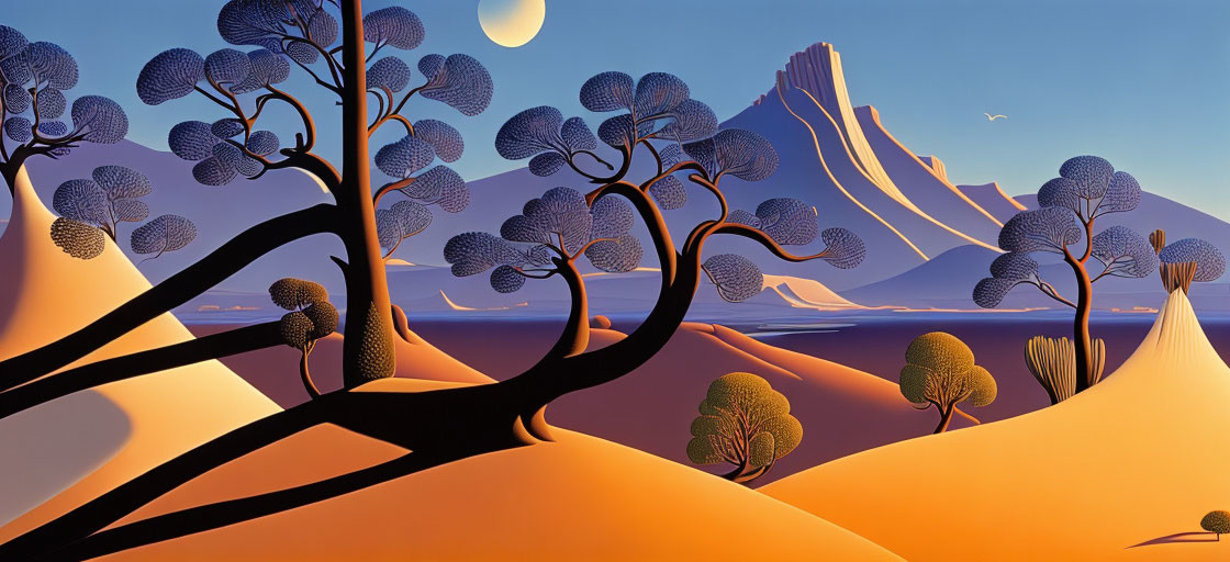 Surreal landscape with stylized trees and monolithic mountain under orange-purple sky