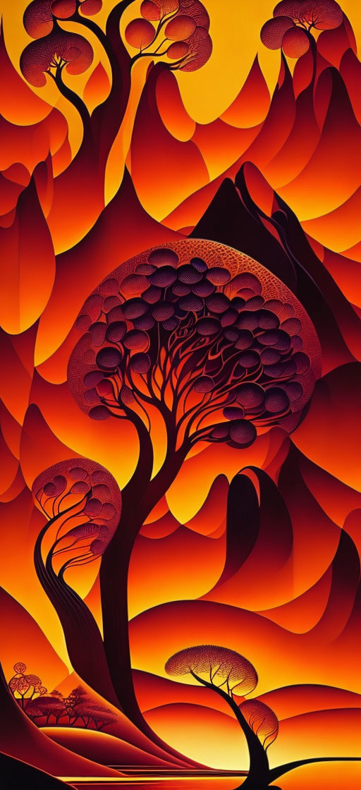 Vibrant orange and red stylized tree art on warm backdrop