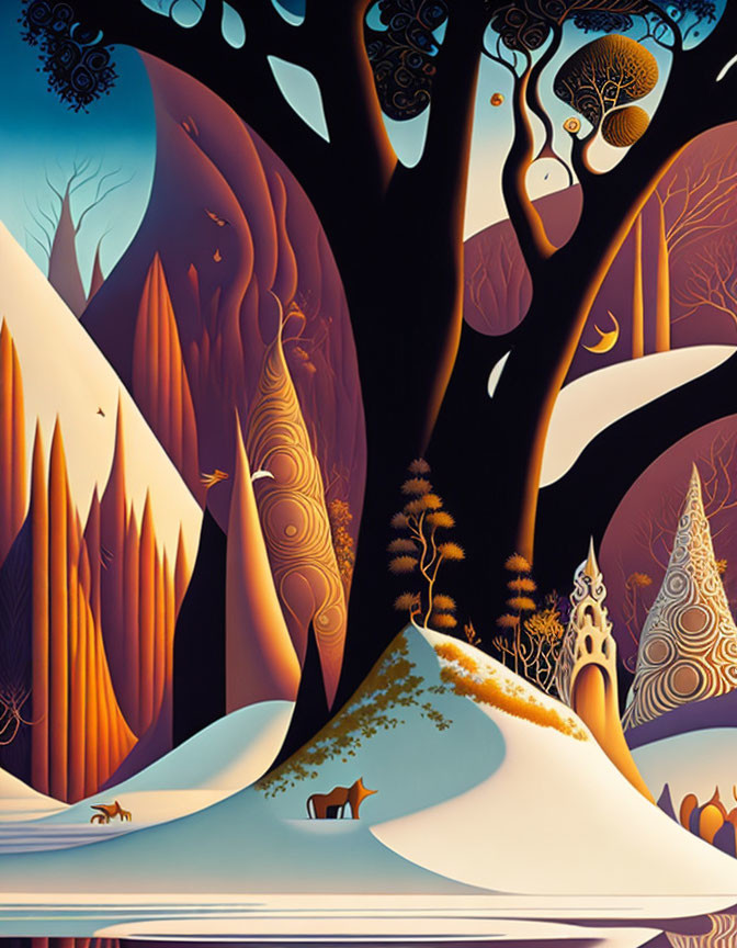 Vivid Stylized Forest Scene with Deer and Whimsical Patterns