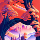 Colorful stylized artwork of vibrant landscape with tree, mountains, castle, and whimsical flora on