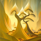 Golden forest painting with whimsical trees and serene atmosphere