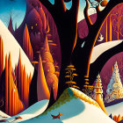 Stylized landscape with dramatic tree and mountains in blue, orange, and yellow palette