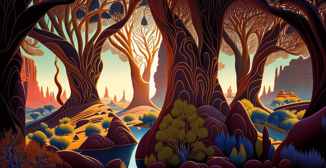 Colorful stylized landscape with intricate trees and surreal rock formations