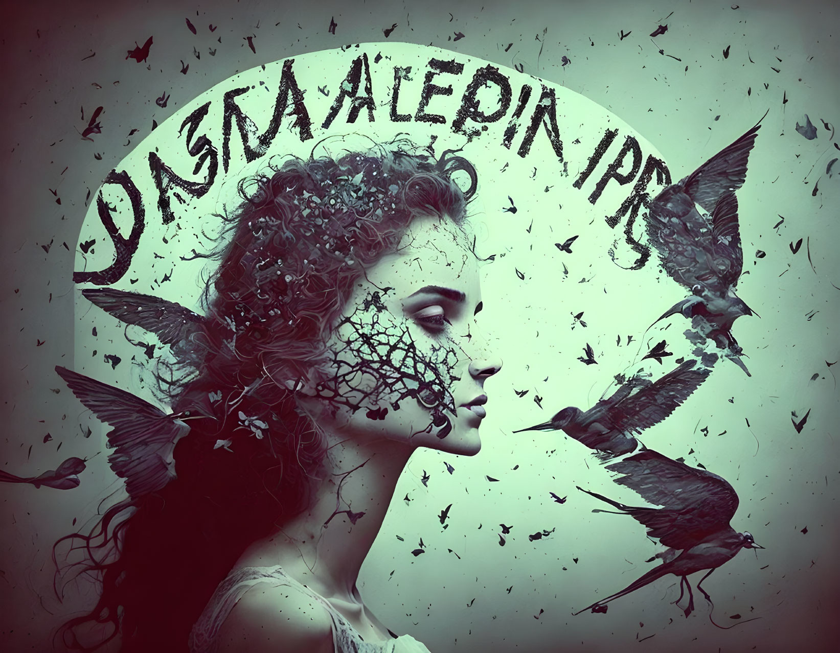 Woman with shattered face effect and flying birds in dark, mysterious setting.