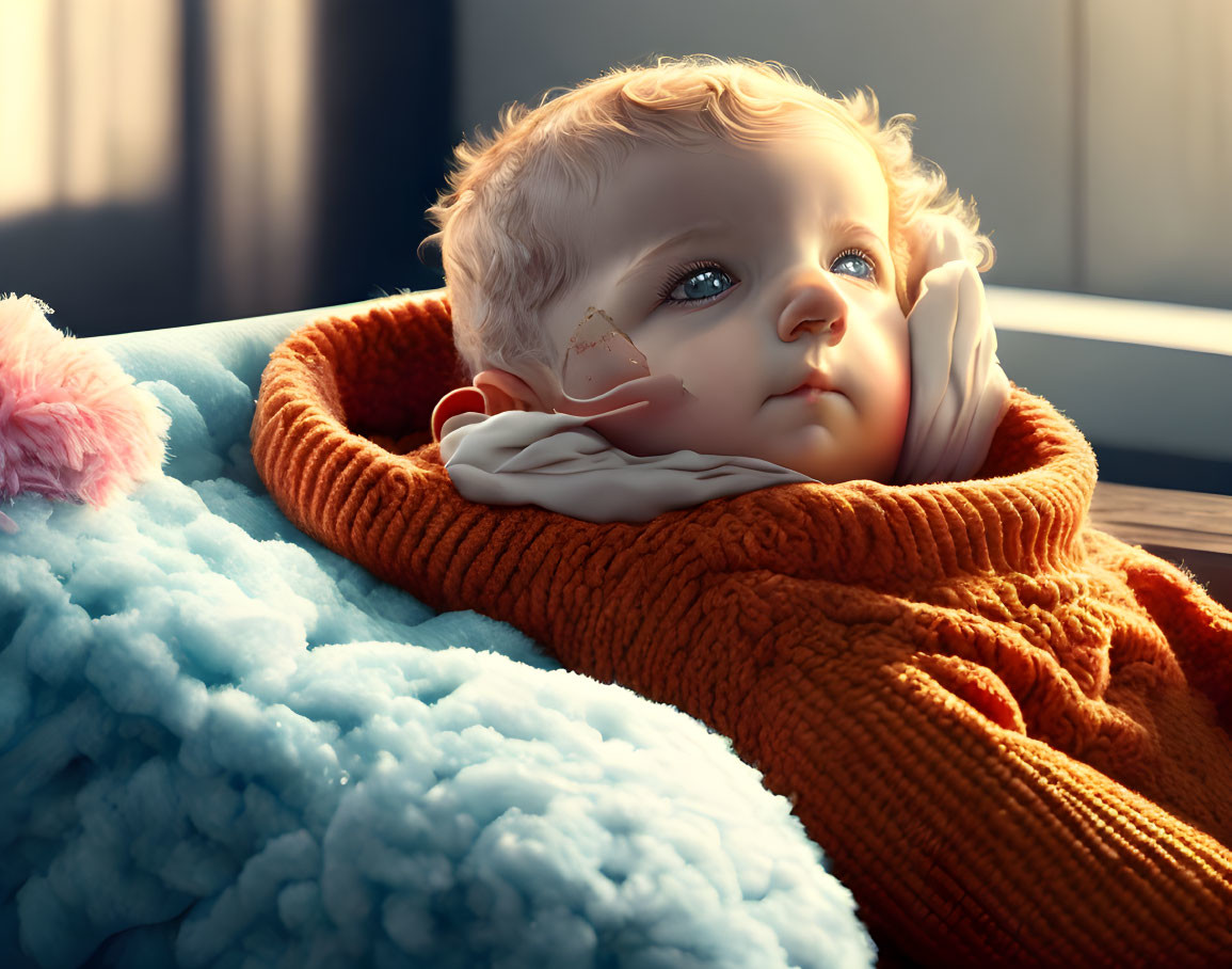 Blue-eyed baby in orange blanket, blonde curls and sunlight.