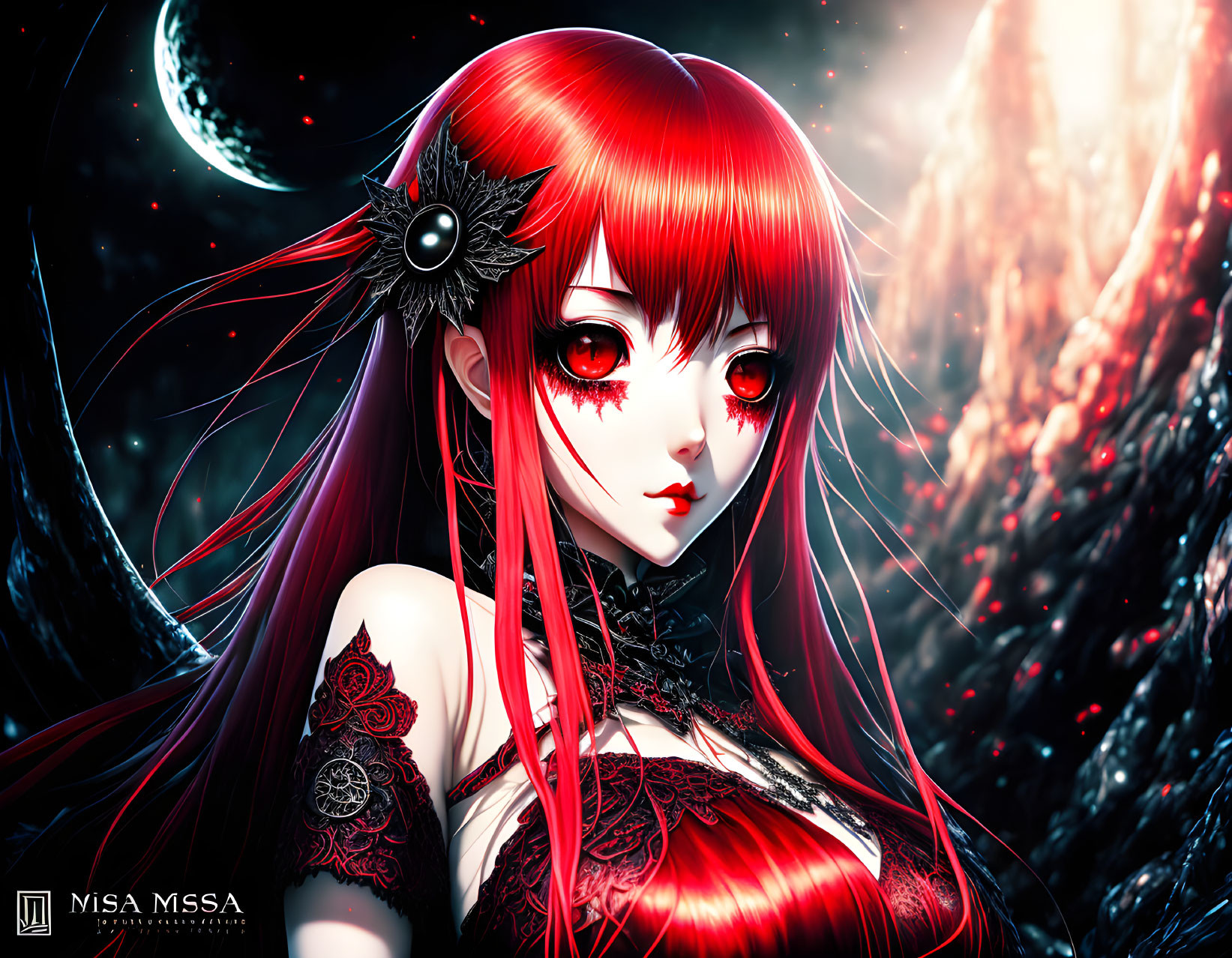 Red-haired anime girl with red eyes and flower accessory in cosmic setting