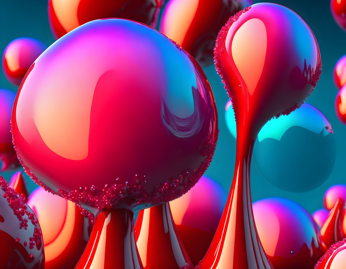 Vibrant 3D Abstract Art: Red and Pink Glossy Blobs on Blue