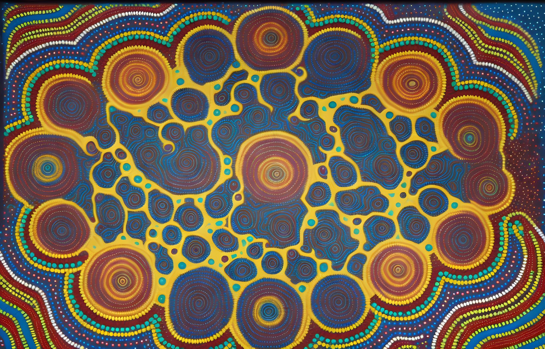 Colorful Aboriginal Dot Painting with Concentric Circles in Blues, Oranges, and Yellows