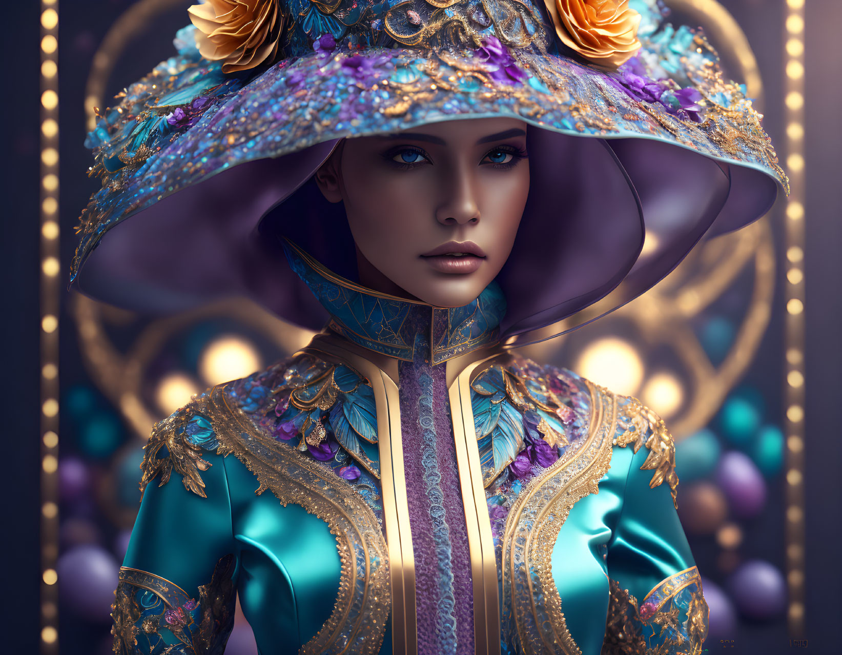 Digital artwork: Woman with blue eyes in ornate fantasy costume