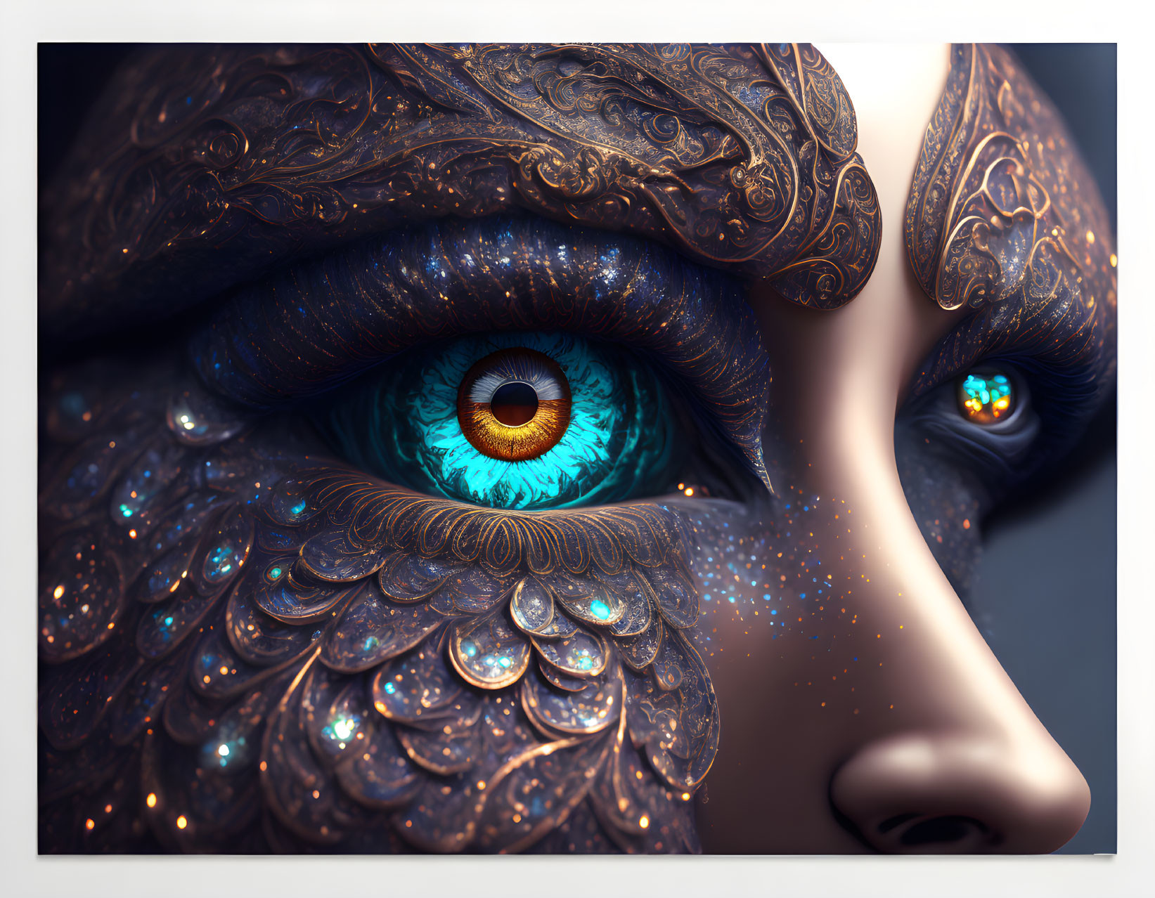 Detailed digital artwork: Blue eye with ornate feather patterns