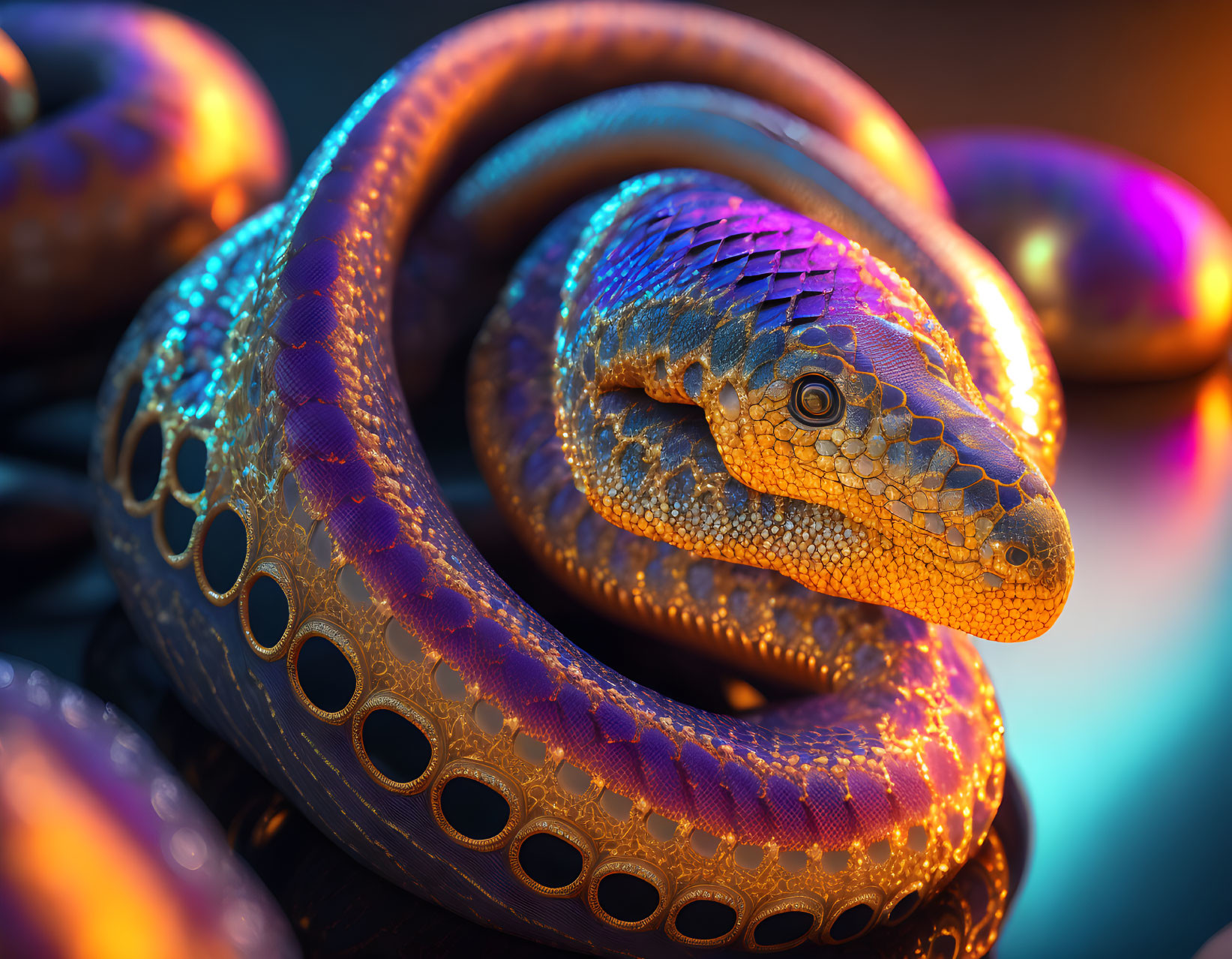 Detailed 3D golden snake with iridescent scales coiled around colorful orbs.