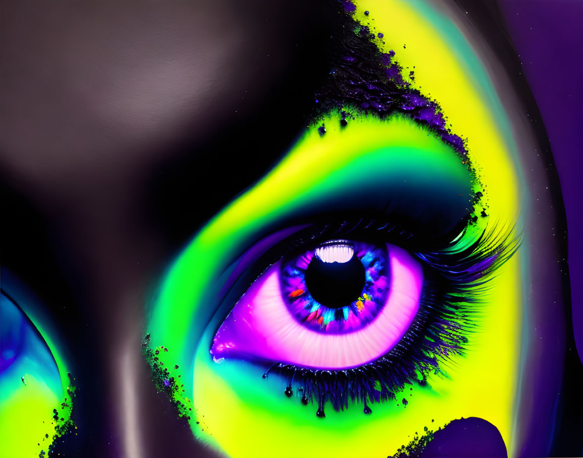 Close-up of eye with neon green and purple makeup and speckled black mascara reflecting intricate pattern.