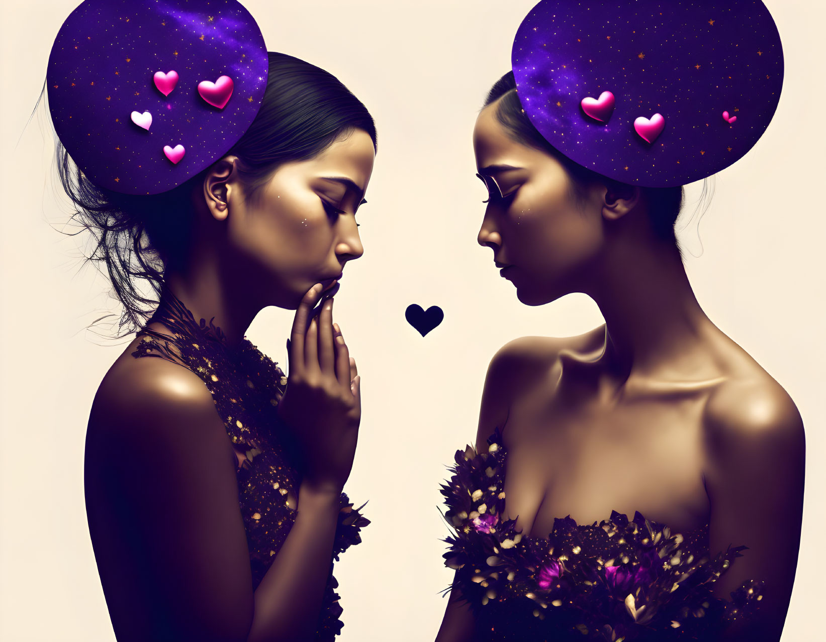 Two women in cosmic headpieces and floral adornments with pink hearts on dark background