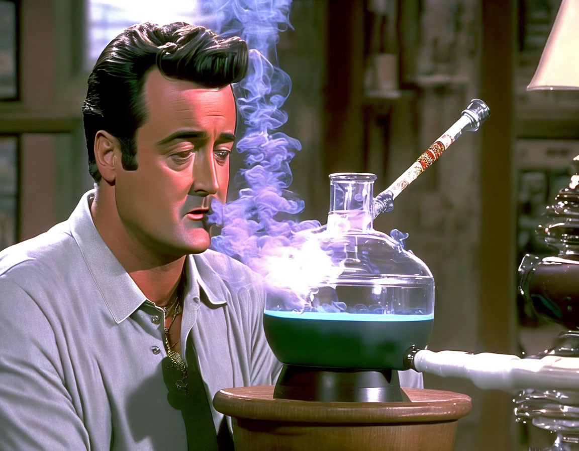 Man in Gray Polo Observes Bubbling Blue Liquid and Smoky Cigar