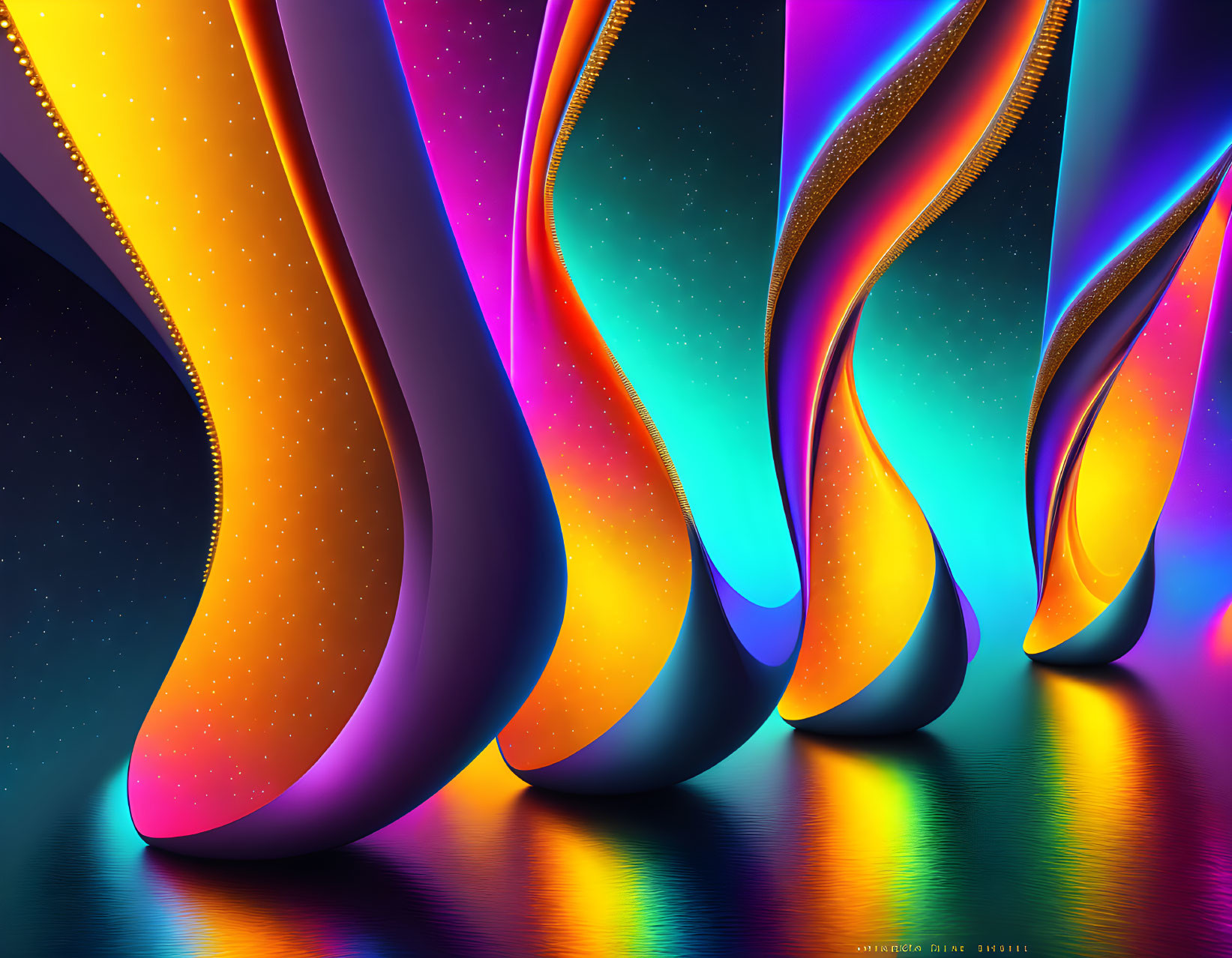 Colorful digital art: wavy shapes, neon colors, water reflections.