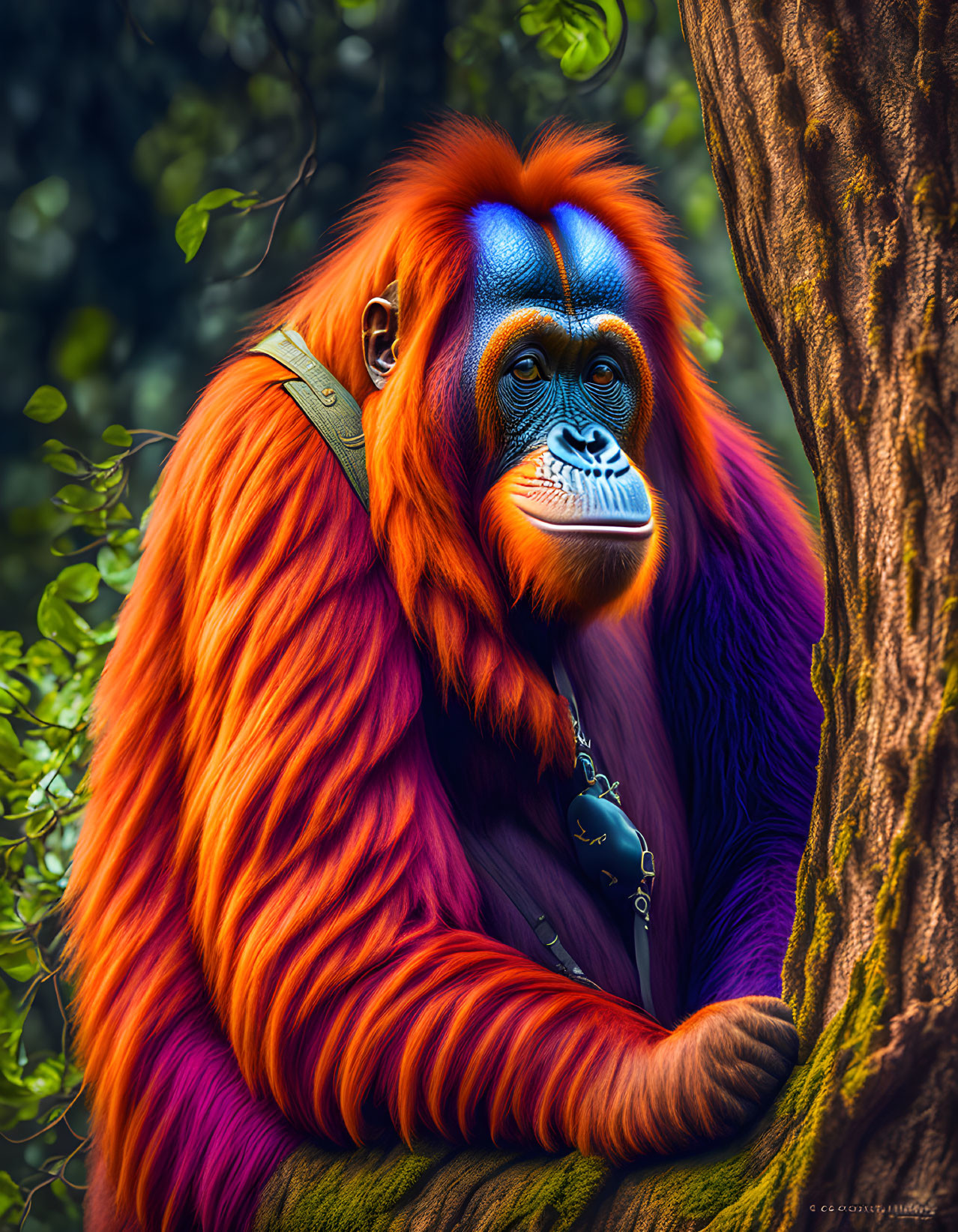 Orange-furred orangutan with blue facial features on tree branch.