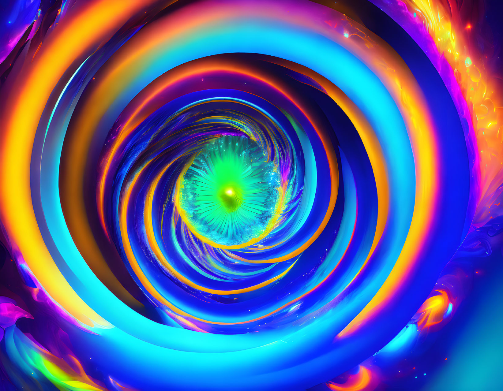 Colorful Swirling Rainbow Abstract Art with Green Focal Point