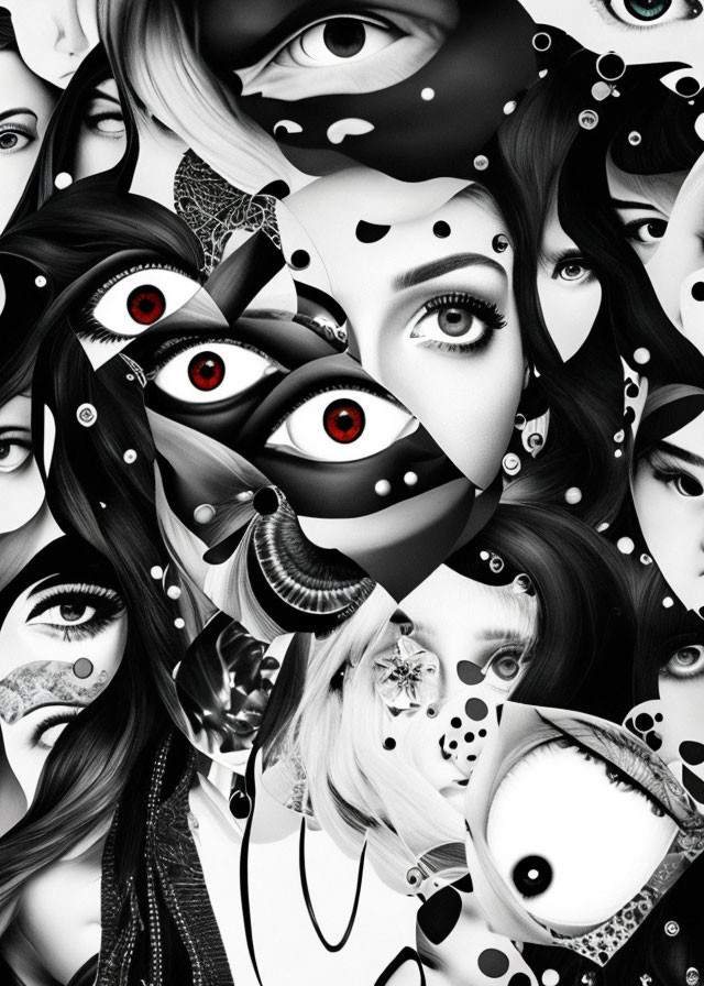 Monochromatic surreal collage of women's facial features and peering eyes