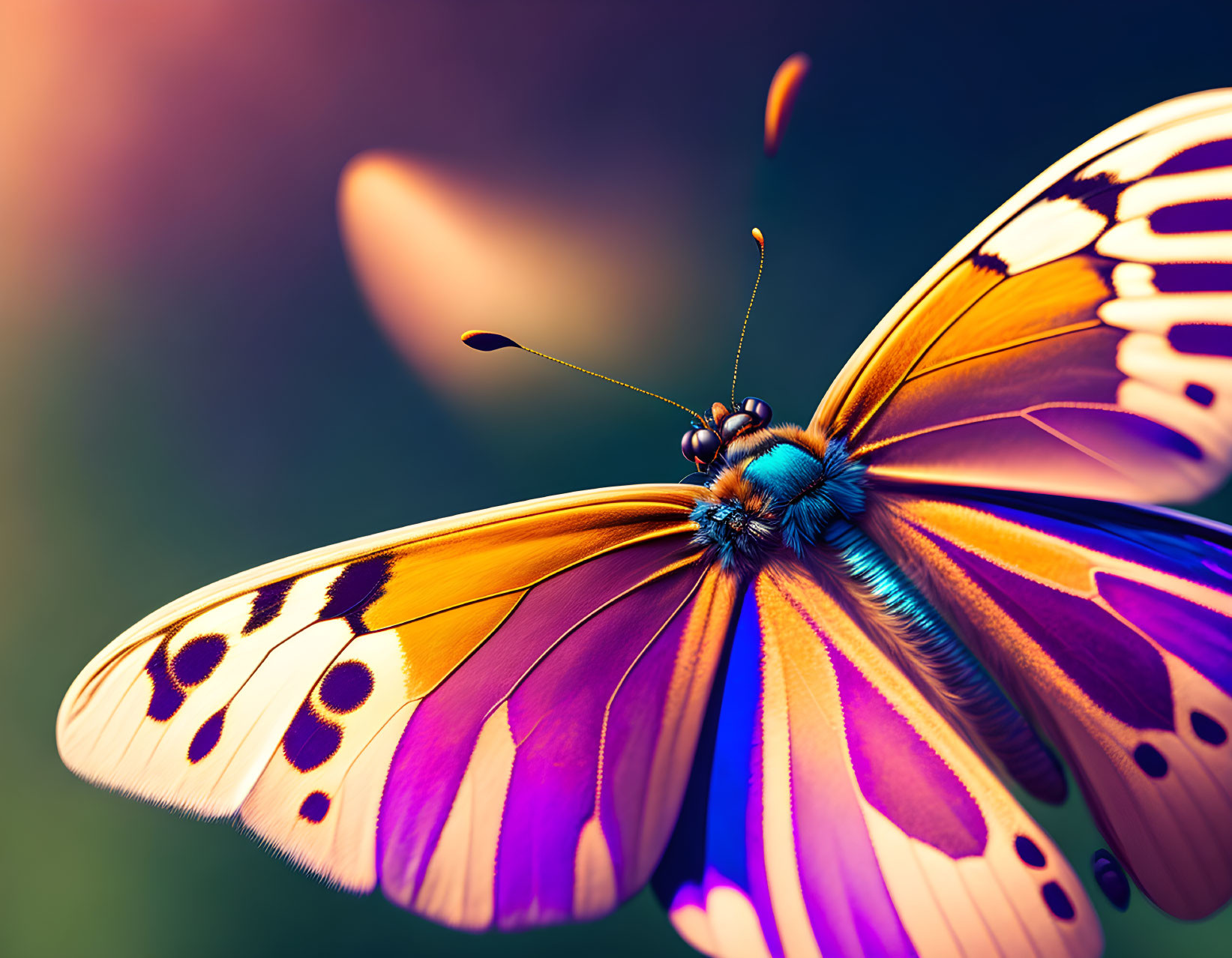 Colorful Butterfly Close-Up with Spread Wings on Vibrant Background