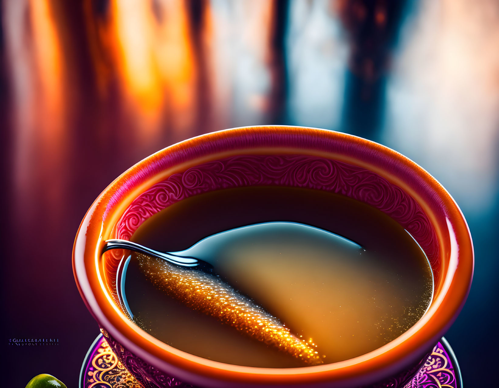 Steaming Cup of Tea with Spoon in Vibrant Colors