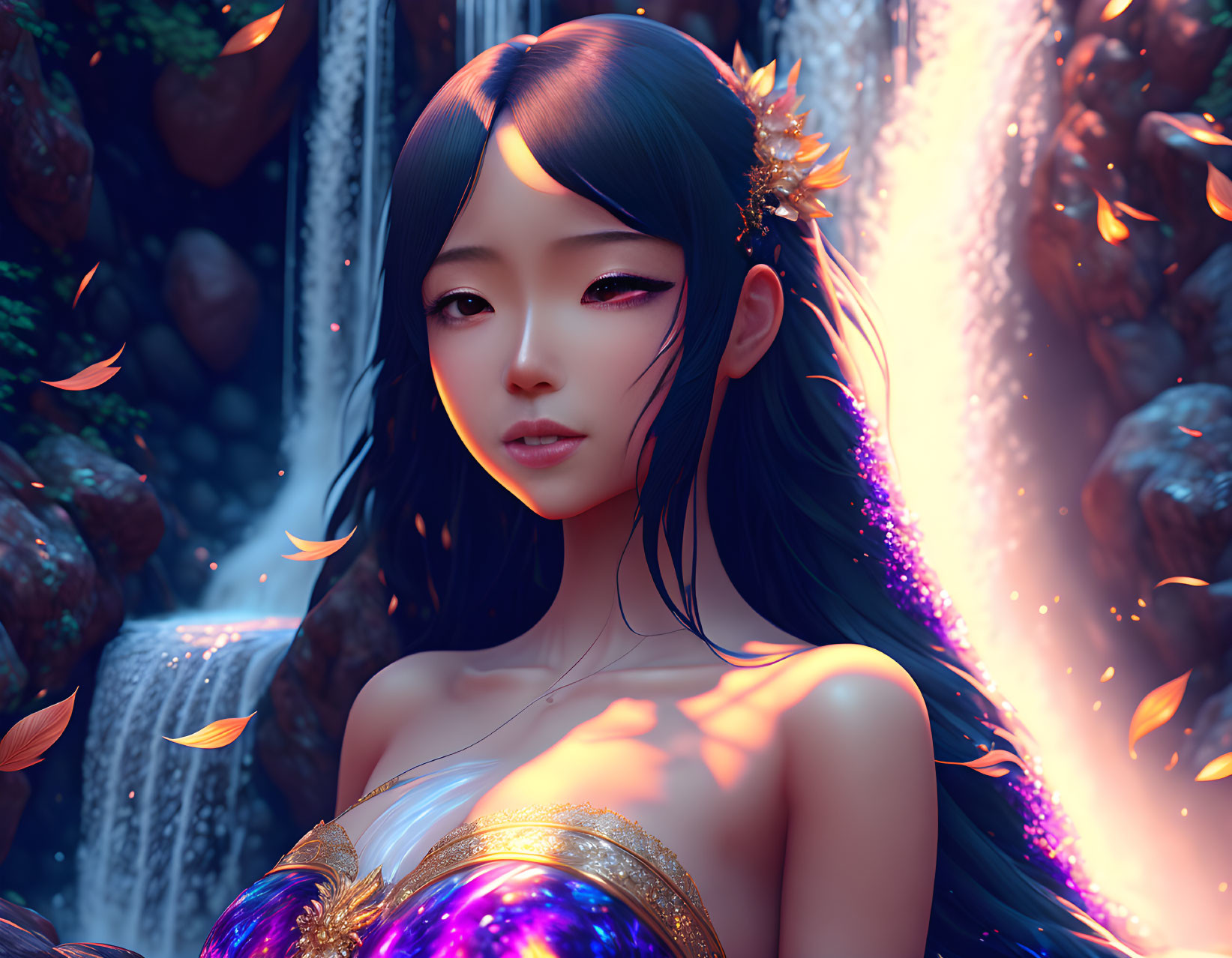 Animated female character with long black hair in golden attire, surrounded by autumn leaves and mystical forest.