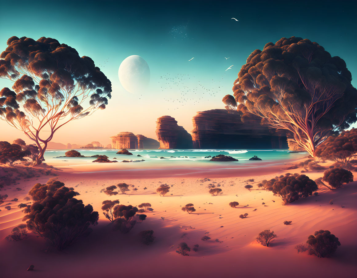 Twilight beach scene with moon, silhouetted trees, rocks, glowing sand, and birds