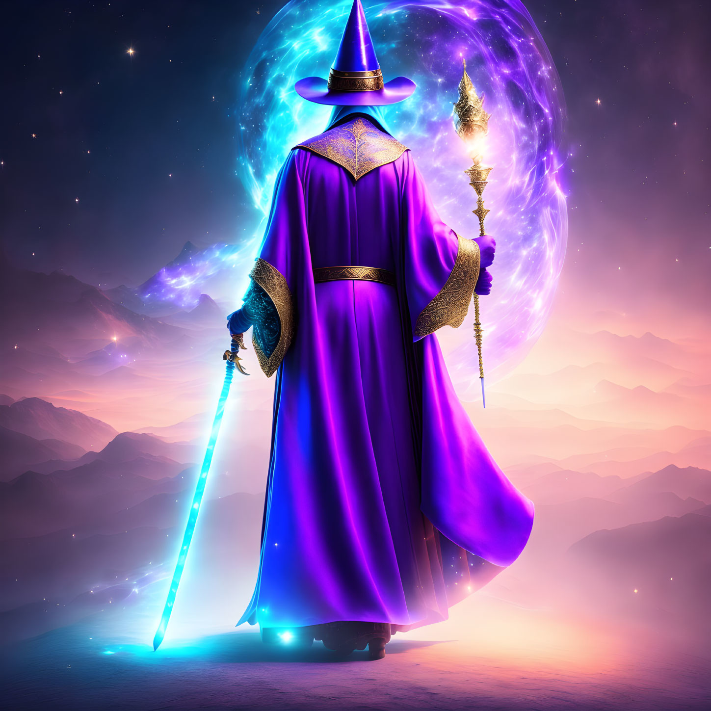 Wizard with Purple Cloak, Staff, and Glowing Sword near Energy Orb in Mountain Scene