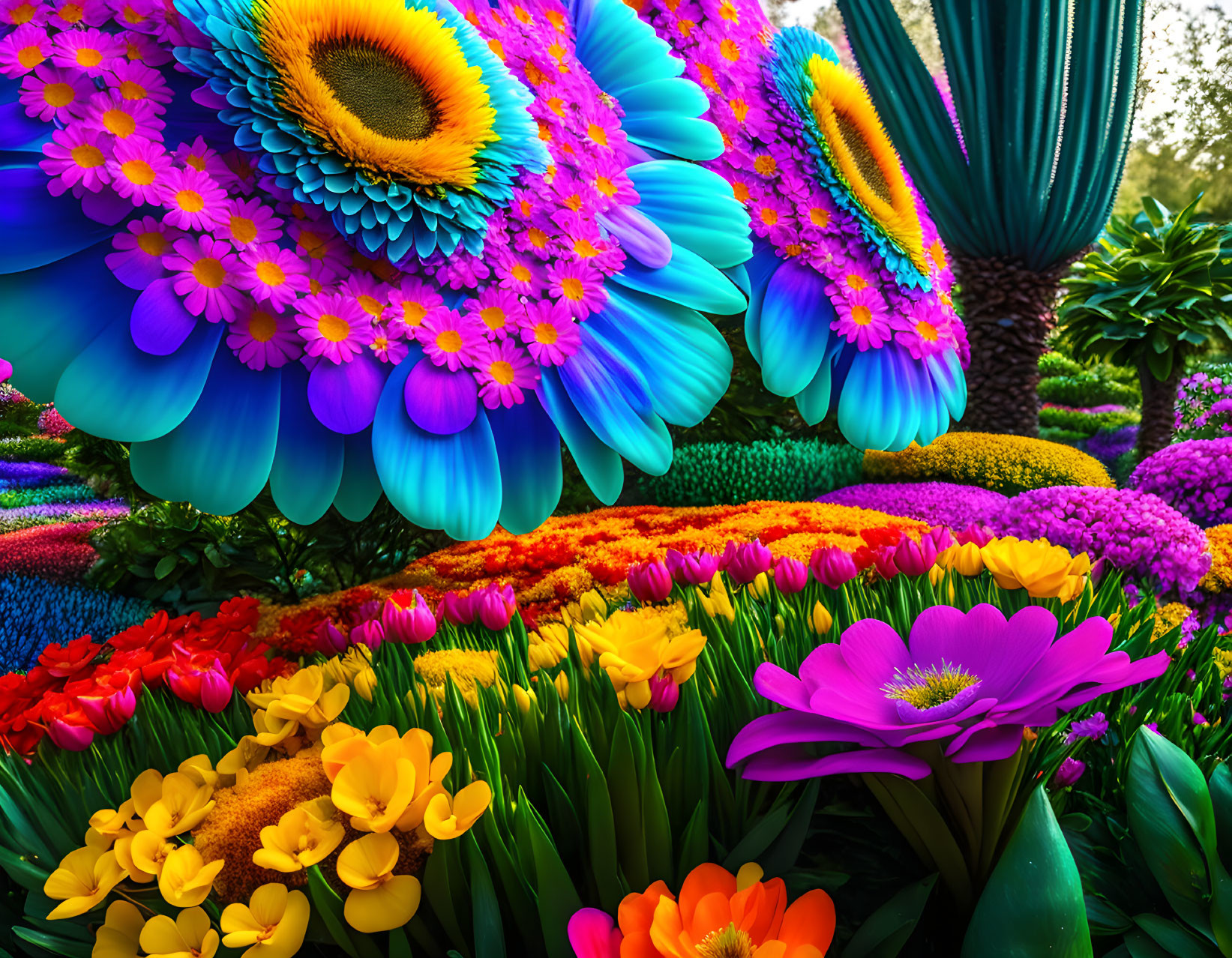 Colorful Oversized Flower Garden with Cacti and Tulips