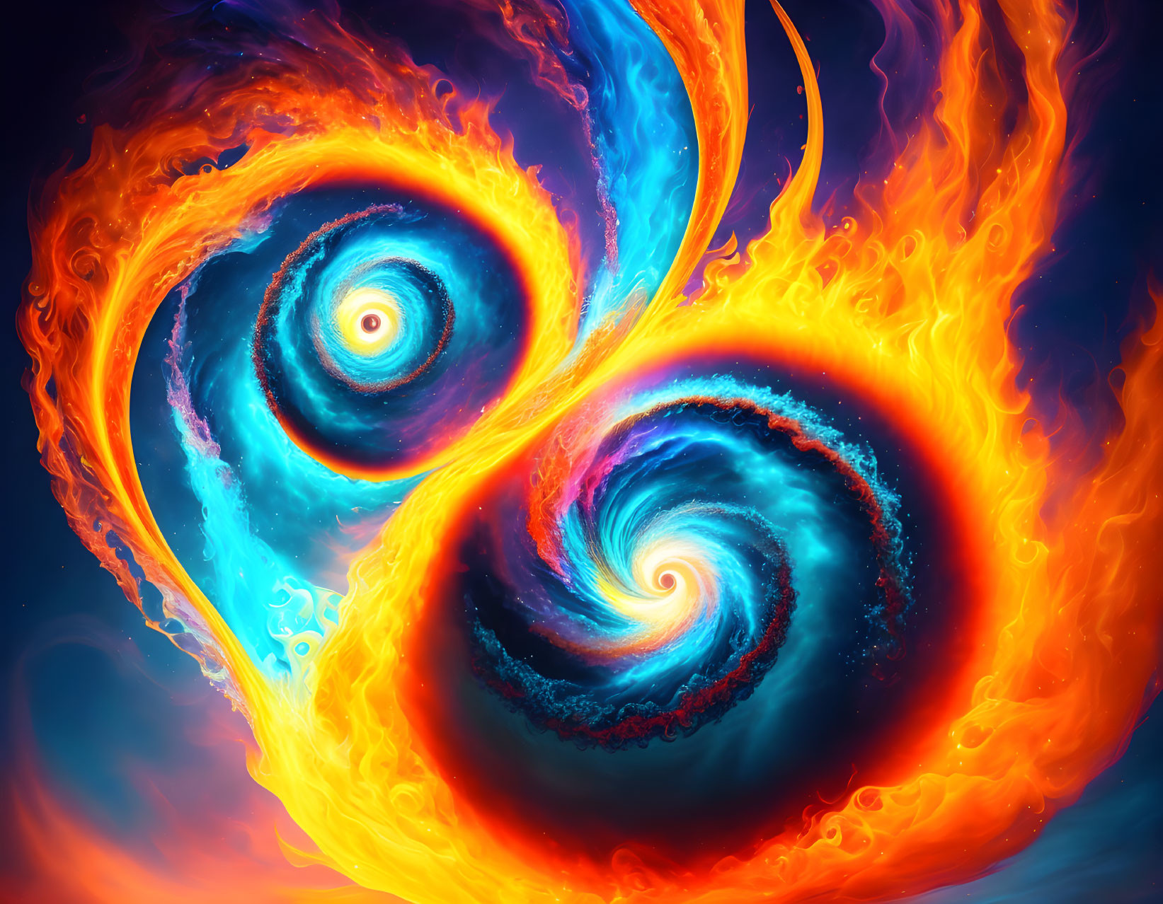 Abstract swirling entities in fiery orange and cool blue converge.