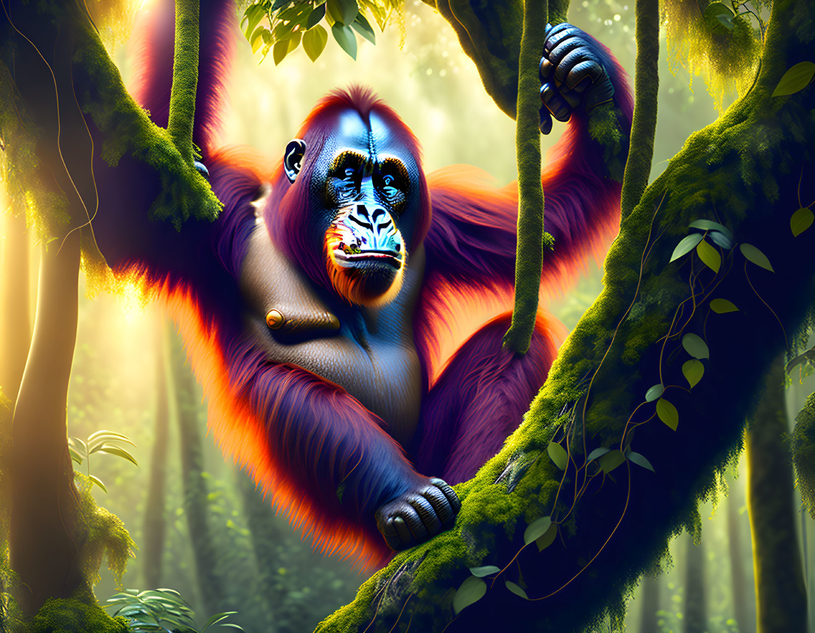 Colorful Orangutan Illustration Hanging from Tree in Green Forest