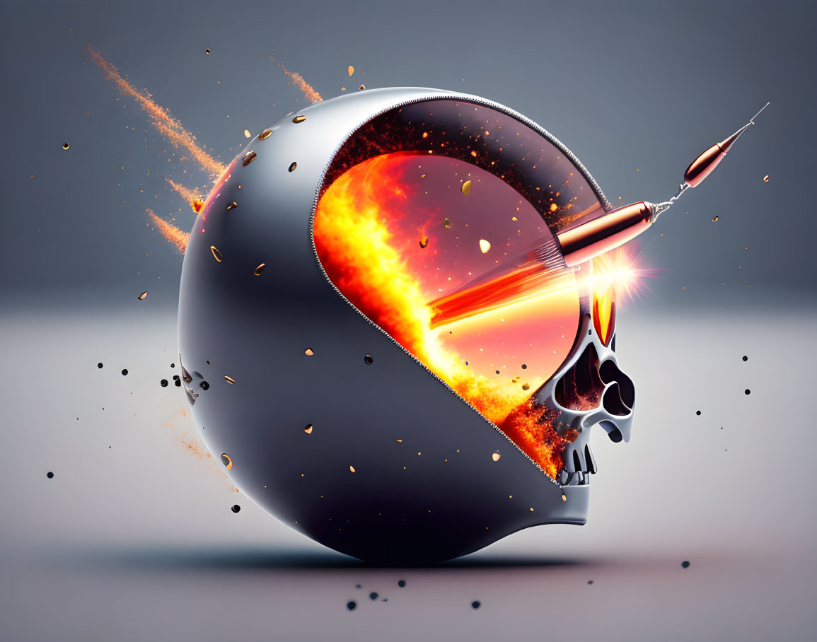 Surreal digital artwork: Skull in flaming bowling ball with pin on grey backdrop